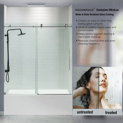WoodBridge 60" W x 76" H Clear Tempered Glass Frameless Shower Door With Polished Chrome Hardware Finish