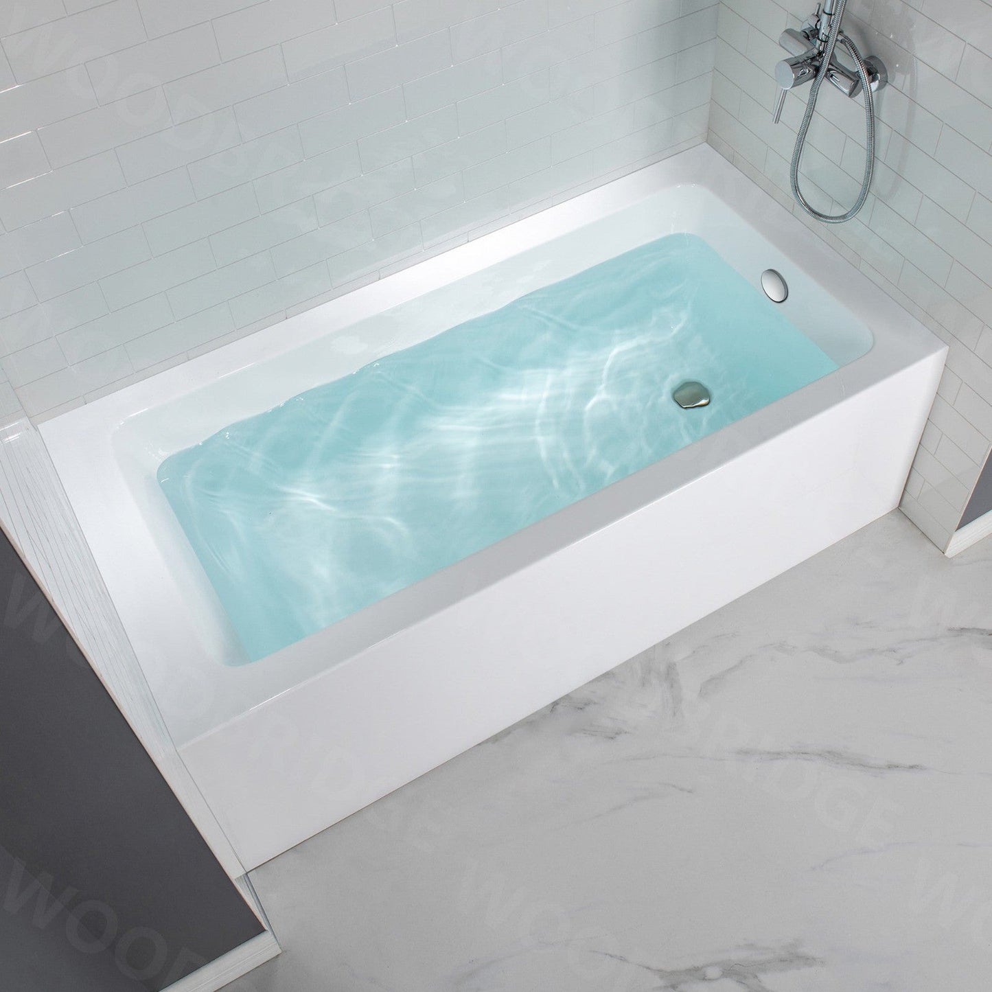 WoodBridge 60" White Acrylic Alcove Bathtub With Right Hand Drain and Overflow Holes, Matte Gray Staggered Vertical Pattern Shower Kit and Clear Tempered Glass 2-Way Opening Brushed Nickel Hardware Frameless Shower Door