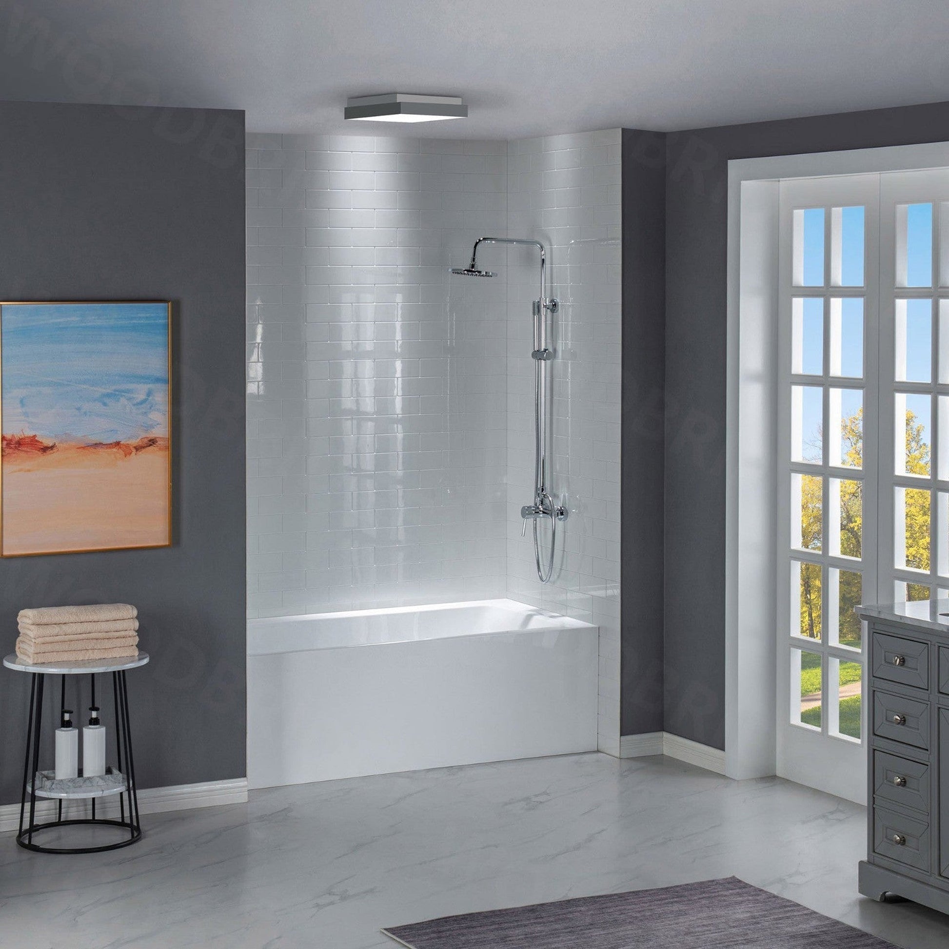 WoodBridge 60" White Acrylic Alcove Bathtub With Right Hand Drain and Overflow Holes, Matte Gray Staggered Vertical Pattern Shower Kit and Clear Tempered Glass 2-Way Opening Brushed Nickel Hardware Frameless Shower Door