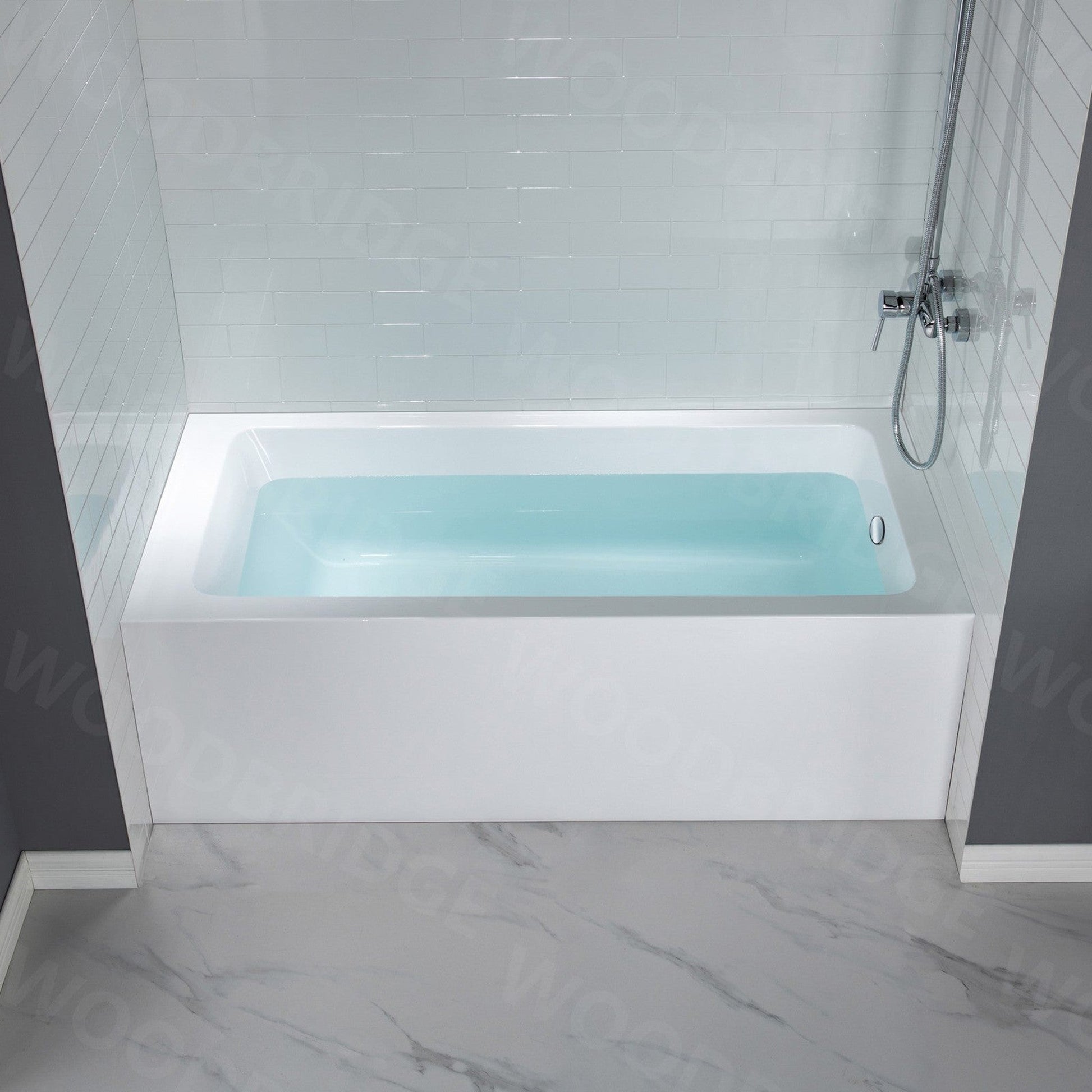 WoodBridge 60" White Acrylic Alcove Bathtub With Right Hand Drain and Overflow Holes, Matte Gray Staggered Vertical Pattern Shower Kit and Clear Tempered Glass 2-Way Opening Brushed Nickel Hardware Frameless Shower Door