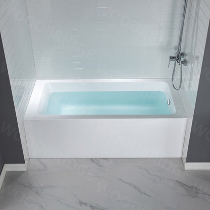 WoodBridge 60" White Acrylic Alcove Bathtub With Right Hand Drain and Overflow Holes, Matte Gray Staggered Vertical Pattern Shower Kit and Clear Tempered Glass 2-Way Opening Brushed Nickel Hardware Frameless Shower Door