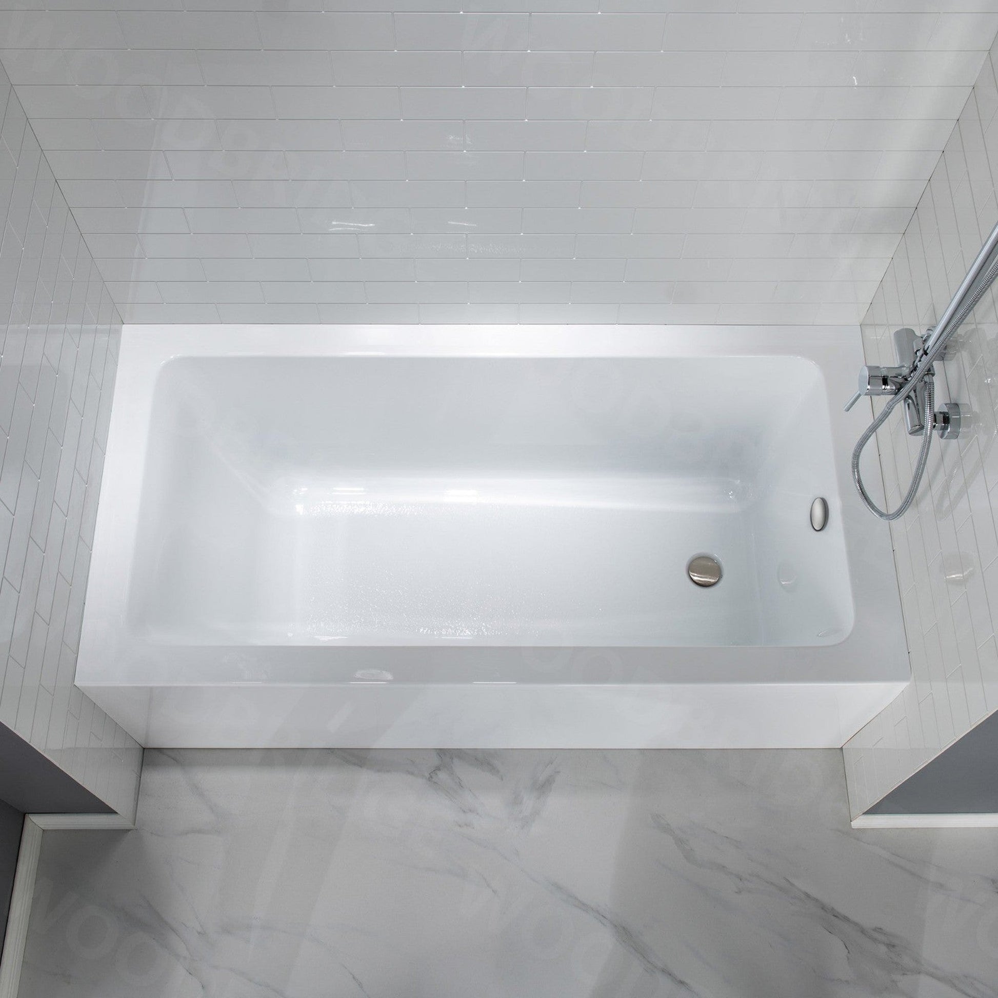 WoodBridge 60" White Acrylic Alcove Bathtub With Right Hand Drain and Overflow Holes, Matte Gray Staggered Vertical Pattern Shower Kit and Clear Tempered Glass 2-Way Opening Brushed Nickel Hardware Frameless Shower Door
