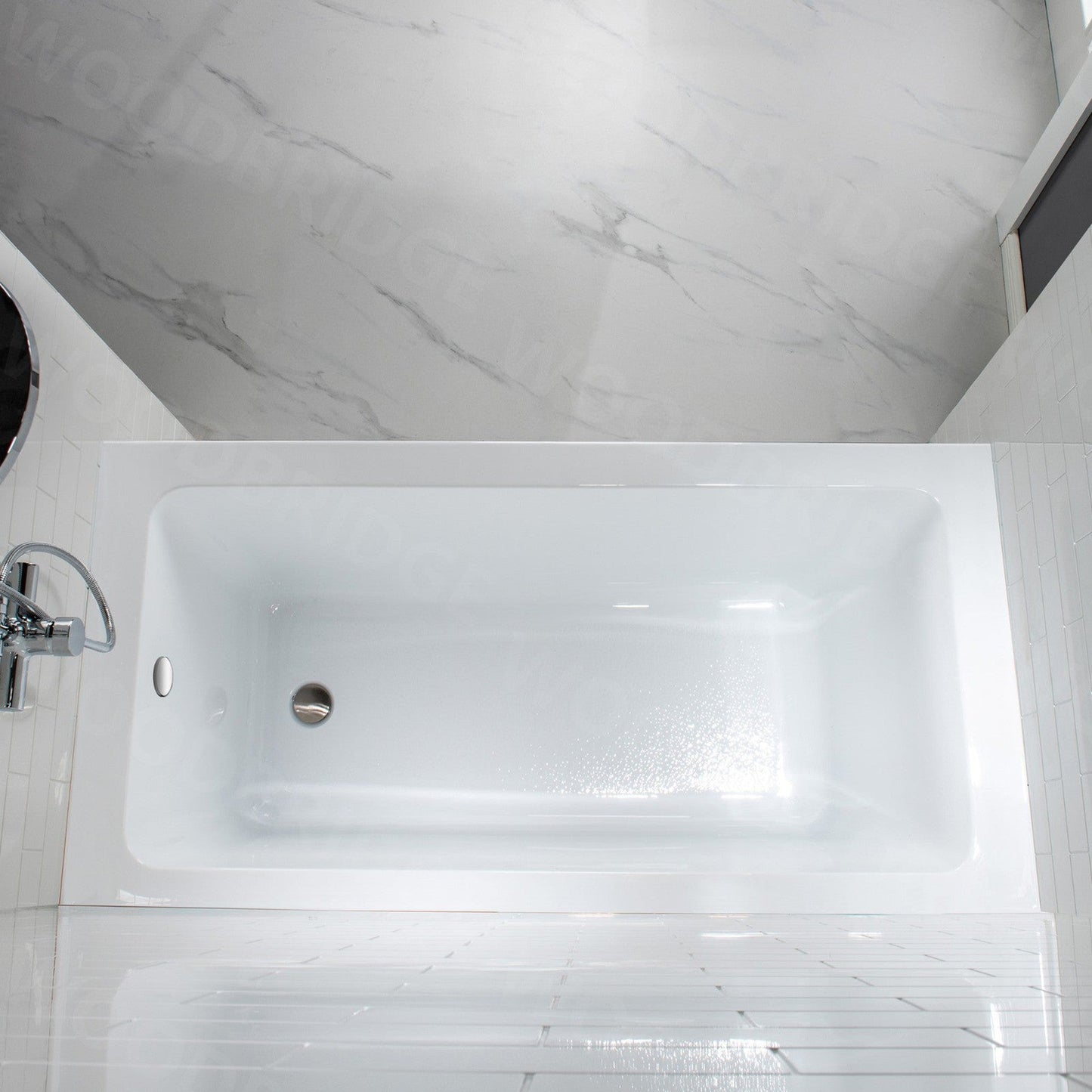 WoodBridge 60" White Acrylic Alcove Bathtub With Right Hand Drain and Overflow Holes, Matte Gray Staggered Vertical Pattern Shower Kit and Clear Tempered Glass 2-Way Opening Brushed Nickel Hardware Frameless Shower Door