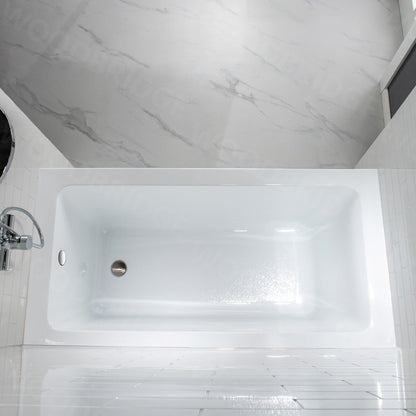 WoodBridge 60" White Acrylic Alcove Bathtub With Right Hand Drain and Overflow Holes, Matte Gray Staggered Vertical Pattern Shower Kit and Clear Tempered Glass 2-Way Opening Brushed Nickel Hardware Frameless Shower Door