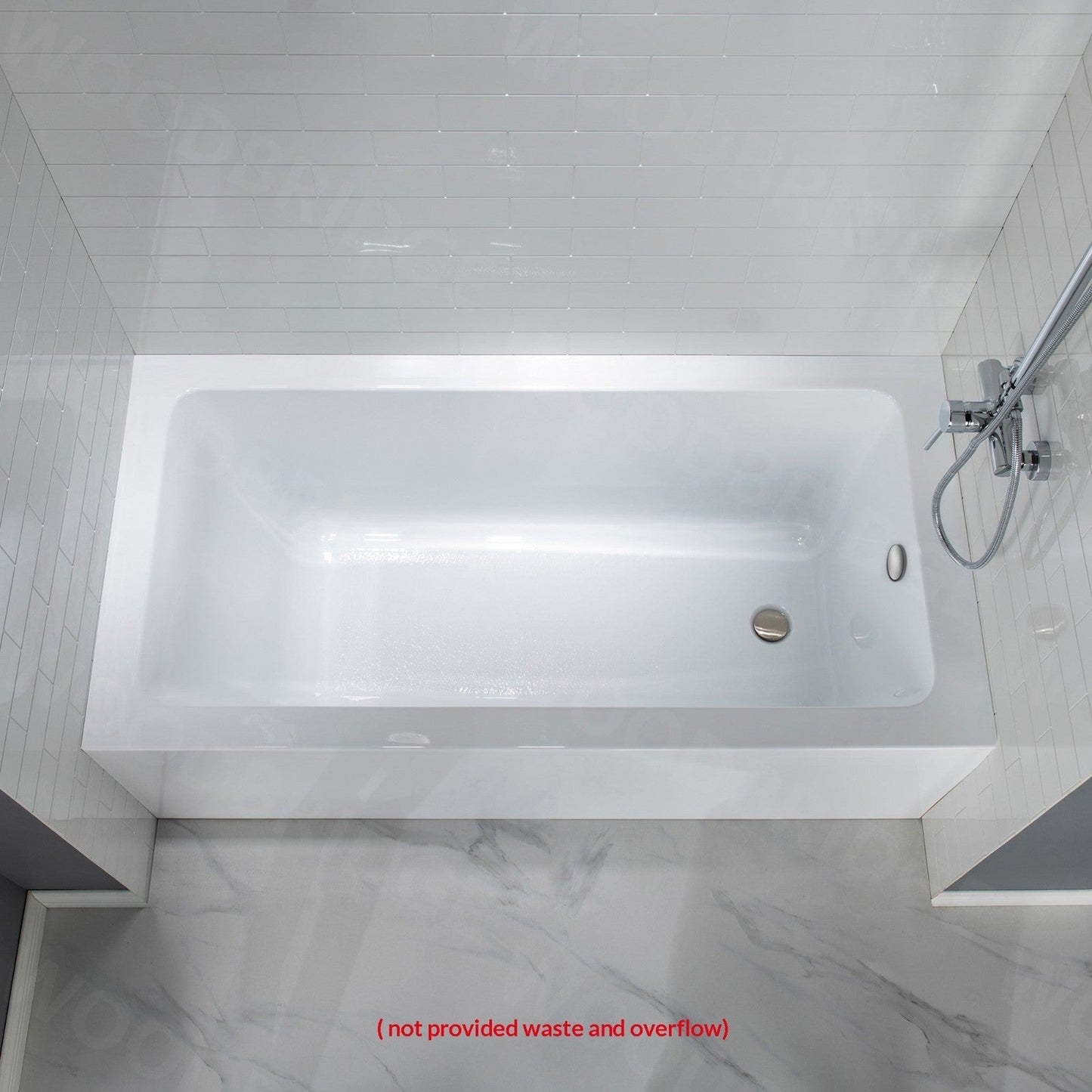 WoodBridge 60" White Acrylic Alcove Bathtub With Right Hand Drain and Overflow Holes, Matte Gray Staggered Vertical Pattern Shower Kit and Clear Tempered Glass 2-Way Opening Brushed Nickel Hardware Frameless Shower Door
