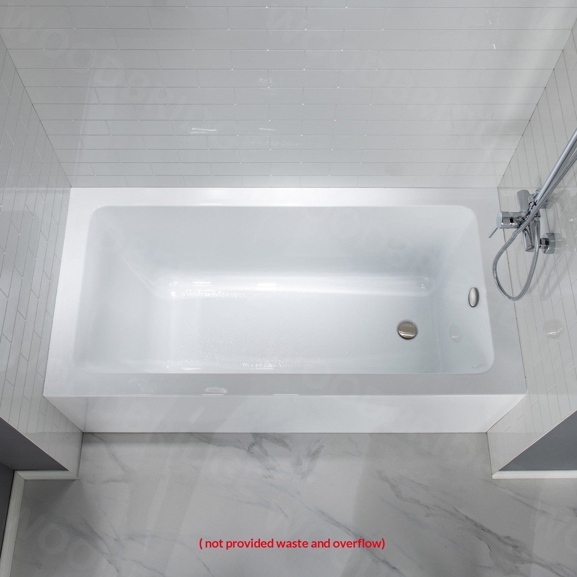 WoodBridge 60" White Acrylic Alcove Bathtub With Right Hand Drain and Overflow Holes, Matte Gray Staggered Vertical Pattern Shower Kit and Clear Tempered Glass 2-Way Opening Brushed Nickel Hardware Frameless Shower Door