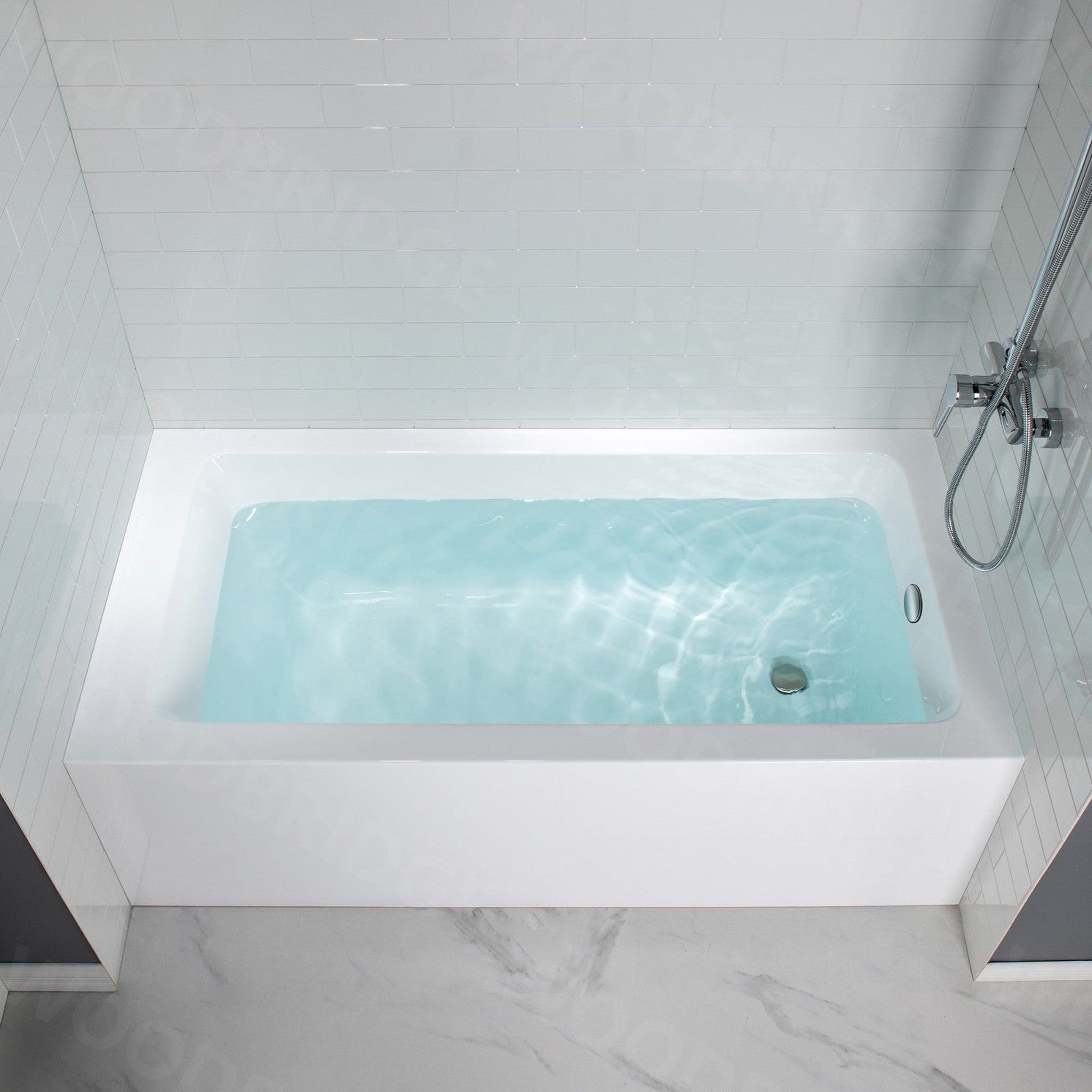 WoodBridge 60" White Acrylic Alcove Bathtub With Right Hand Drain and Overflow Holes, Matte Gray Staggered Vertical Pattern Shower Kit and Clear Tempered Glass 2-Way Opening Brushed Nickel Hardware Frameless Shower Door