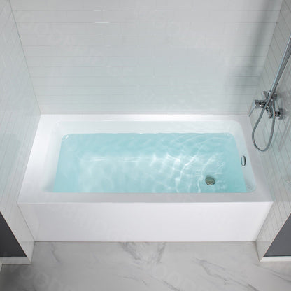 WoodBridge 60" White Acrylic Alcove Bathtub With Right Hand Drain and Overflow Holes, Matte Gray Staggered Vertical Pattern Shower Kit and Clear Tempered Glass 2-Way Opening Brushed Nickel Hardware Frameless Shower Door