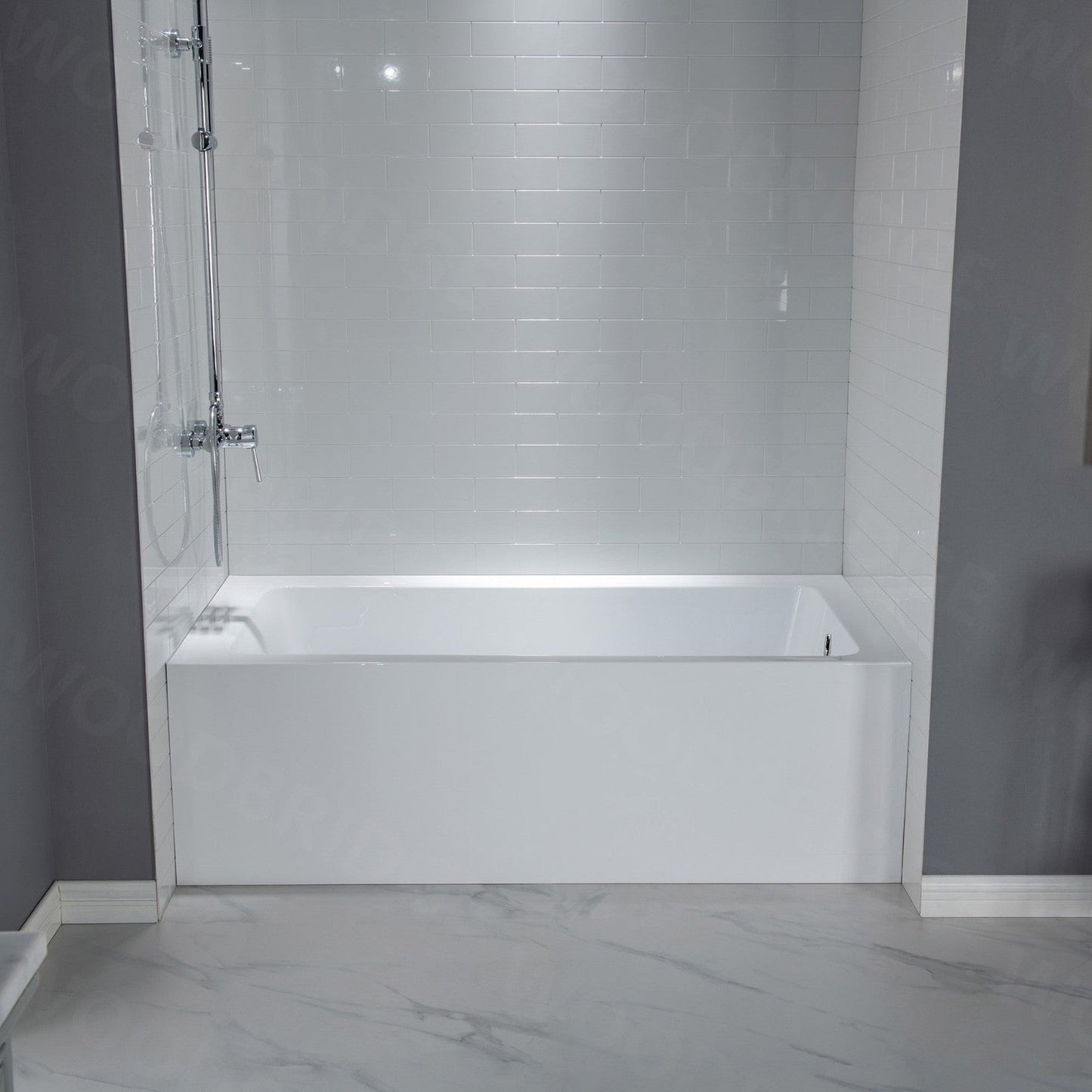 WoodBridge 60" White Acrylic Alcove Bathtub With Right Hand Drain and Overflow Holes, Matte Gray Staggered Vertical Pattern Shower Kit and Clear Tempered Glass 2-Way Opening Brushed Nickel Hardware Frameless Shower Door