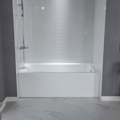WoodBridge 60" White Acrylic Alcove Bathtub With Right Hand Drain and Overflow Holes, Matte Gray Staggered Vertical Pattern Shower Kit and Clear Tempered Glass 2-Way Opening Brushed Nickel Hardware Frameless Shower Door