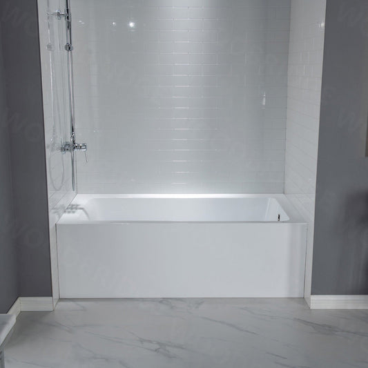 WoodBridge 60" White Acrylic Alcove Bathtub With Right Hand Drain and Overflow Holes, Matte Gray Staggered Vertical Pattern Shower Kit and Clear Tempered Glass 2-Way Opening Brushed Nickel Hardware Frameless Shower Door