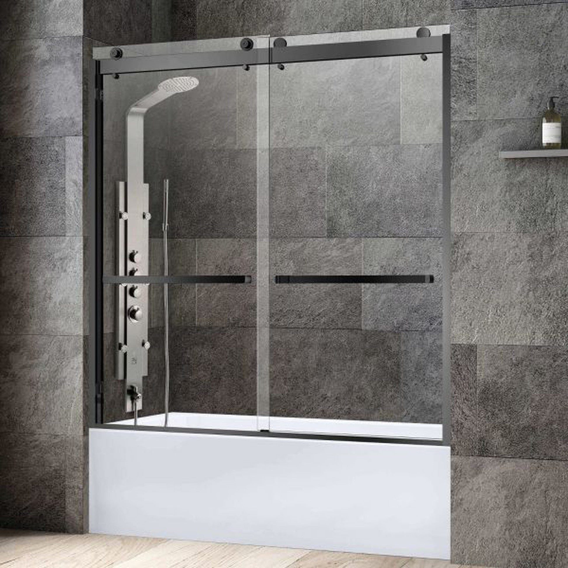 WoodBridge 60" White Acrylic Alcove Bathtub With Right Hand Drain and Overflow Holes, Matte Gray Staggered Vertical Pattern Shower Kit and Clear Tempered Glass 2-Way Opening Matte Black Hardware Frameless Shower Door