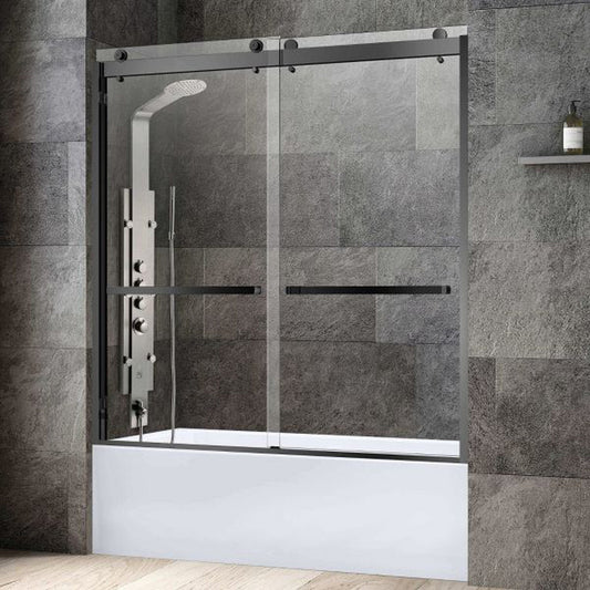 WoodBridge 60" White Acrylic Alcove Bathtub With Right Hand Drain and Overflow Holes, Matte Gray Staggered Vertical Pattern Shower Kit and Clear Tempered Glass 2-Way Opening Matte Black Hardware Frameless Shower Door