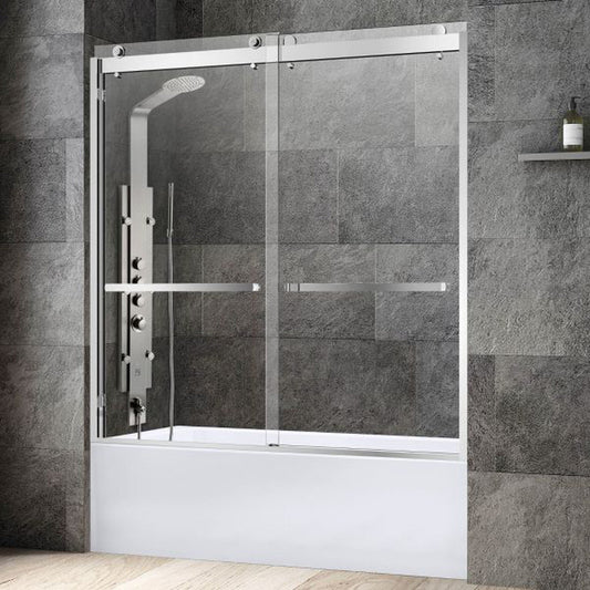 WoodBridge 60" White Acrylic Alcove Bathtub With Right Hand Drain and Overflow Holes, Matte Gray Staggered Vertical Pattern Shower Kit and Clear Tempered Glass 2-Way Opening Polished Chrome Hardware Frameless Shower Door