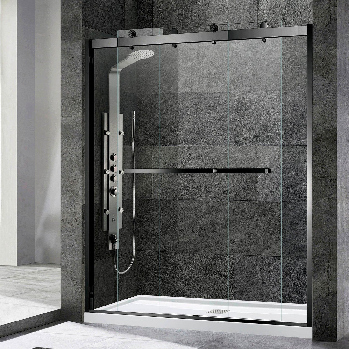 WoodBridge 60" White Acrylic Alcove Bathtub With Right Hand Drain and Overflow Holes, Matte White Staggered Vertical Pattern Shower Kit and Clear Tempered Glass 2-Way Opening Matte Black Hardware Frameless Shower Door