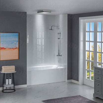 WoodBridge 60" White Acrylic Alcove Bathtub With Right Hand Drain and Overflow Holes, Matte White Staggered Vertical Pattern Shower Kit and Clear Tempered Glass 2-Way Opening Matte Black Hardware Frameless Shower Door