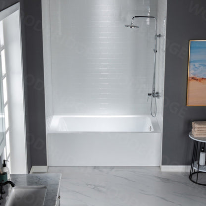 WoodBridge 60" White Acrylic Alcove Bathtub With Right Hand Drain and Overflow Holes, Matte White Staggered Vertical Pattern Shower Kit and Clear Tempered Glass 2-Way Opening Matte Black Hardware Frameless Shower Door