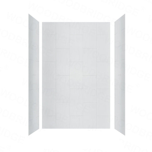 WoodBridge 60" White Acrylic Alcove Rectangular Soaking Bathtub Left Brushed Gold Pop-up Drain Placement With Clear Tempered Glass Brushed Gold Hardware Frameless Shower Door and Matte White Staggered Vertical Pattern 3-Panel Shower Wall Kit