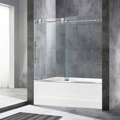 WoodBridge 60" White Acrylic Alcove Rectangular Soaking Bathtub Left Brushed Nickel Pop-up Drain Placement With Clear Tempered Glass Brushed Nickel Hardware Frameless Shower Door and Matte Gray Staggered Vertical Pattern Shower Wall Kit