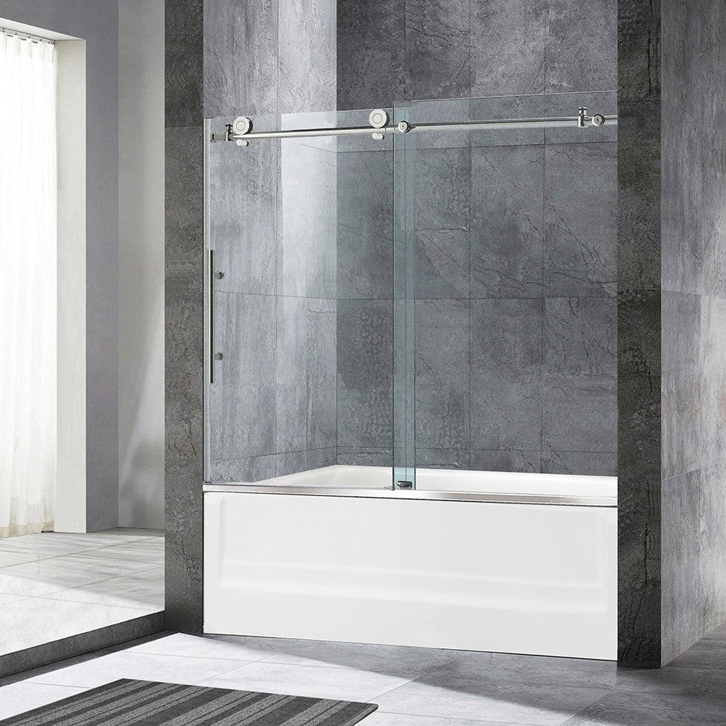 WoodBridge 60" White Acrylic Alcove Rectangular Soaking Bathtub Left Chrome Pop-up Drain Placement With Clear Tempered Glass Polished Chrome Hardware Frameless Shower Door and Matte Gray Staggered Vertical Pattern Shower Wall Kit