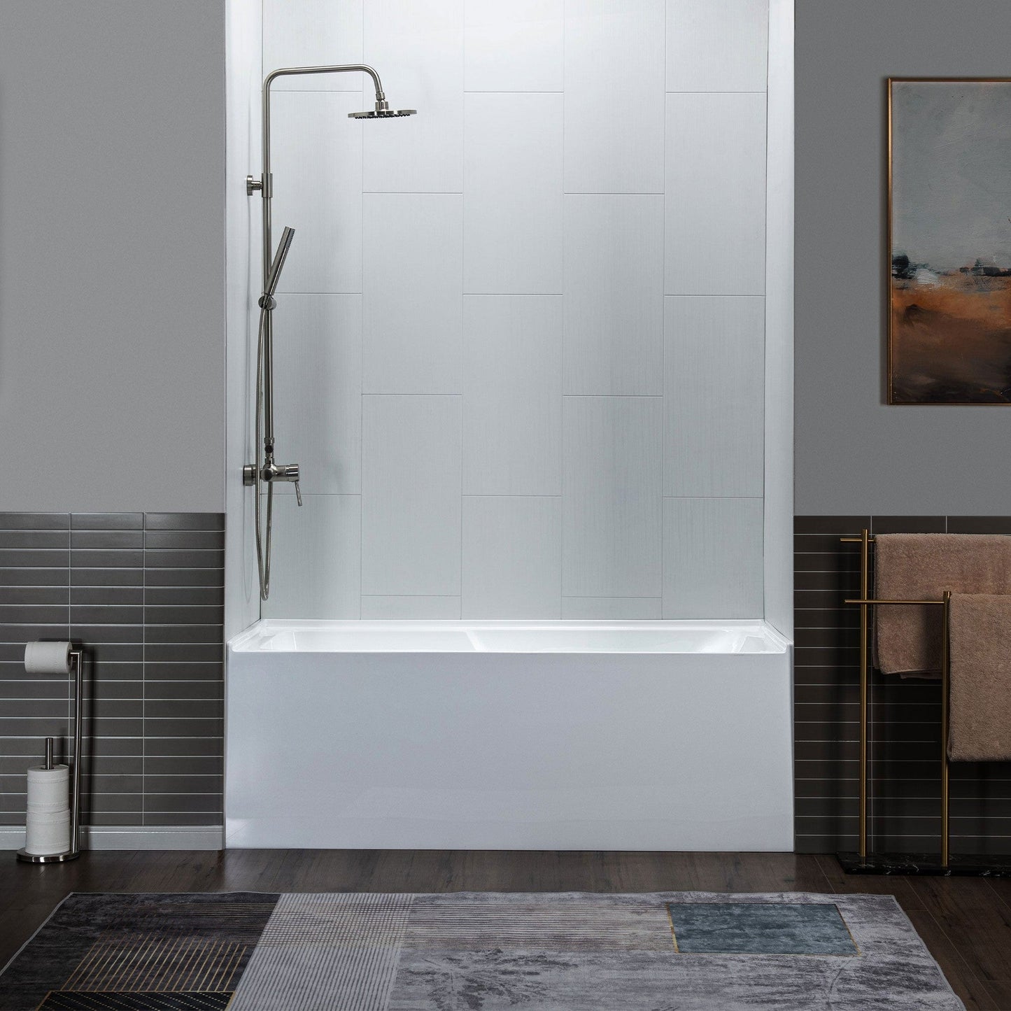 WoodBridge 60" White Acrylic Alcove Rectangular Soaking Bathtub Left Chrome Pop-up Drain Placement With Clear Tempered Glass Polished Chrome Hardware Frameless Shower Door and Matte Gray Staggered Vertical Pattern Shower Wall Kit