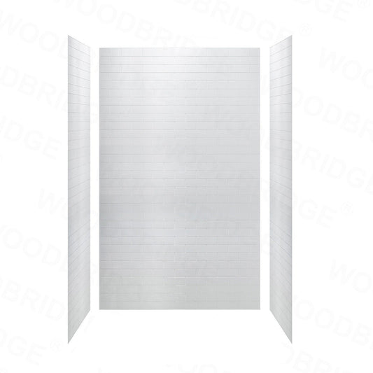 WoodBridge 60" White Acrylic Alcove Rectangular Soaking Bathtub Left Chrome Pop-up Drain Placement With Clear Tempered Glass Polished Chrome Hardware Frameless Shower Door and White High Gloss Staggered Brick Pattern Shower Wall Kit