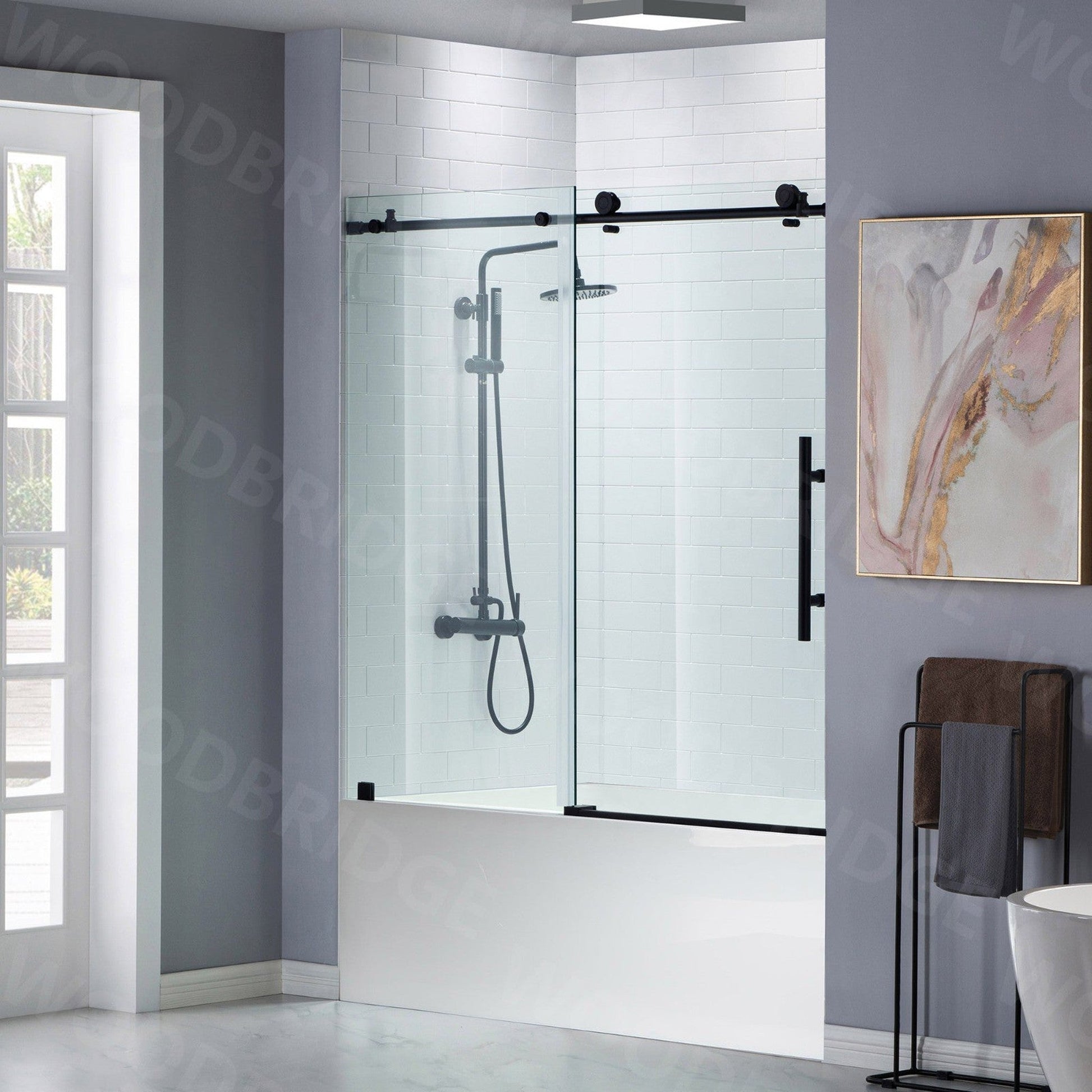 WoodBridge 60" White Acrylic Alcove Rectangular Soaking Bathtub Left Matte Black Pop-up Drain Placement With Clear Tempered Glass Matte Black Hardware Frameless Shower Door and Matte Gray Staggered Vertical Pattern Shower Wall Kit