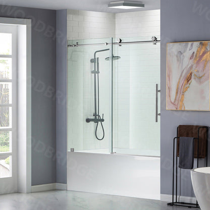 WoodBridge 60" x 30" Black Solid Tileable Integrated Center PVC Drain Shower Base With MBSDC6062-C Polished Chrome Hardware Frameless Shower Door and SWP603296-2-SU-H Matte Gray Vertical Pattern 3-Panel Shower Wall Kit