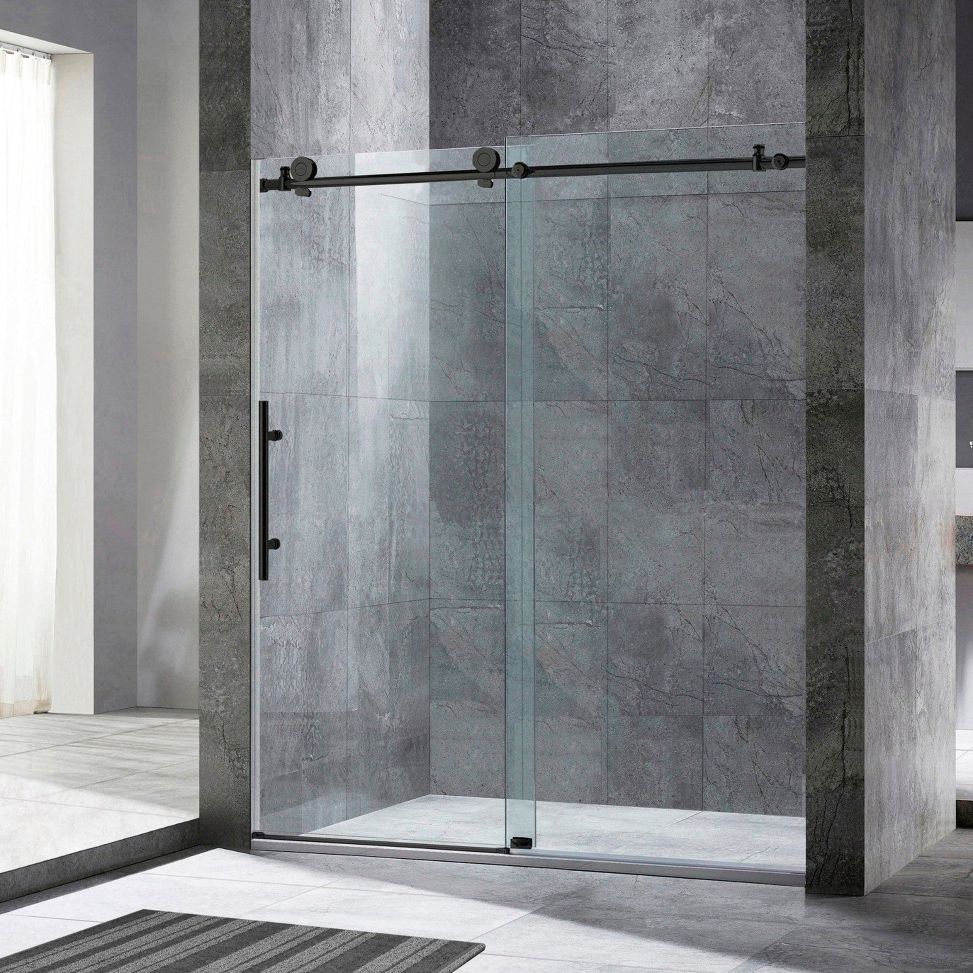 WoodBridge 60" x 30" Black Solid Tileable Integrated Center PVC Drain Shower Base With MBSDC6076-C Polished Chrome Hardware Frameless Shower Door and SWP603296-2-SU-H Matte Gray Vertical Pattern 3-Panel Shower Wall Kit