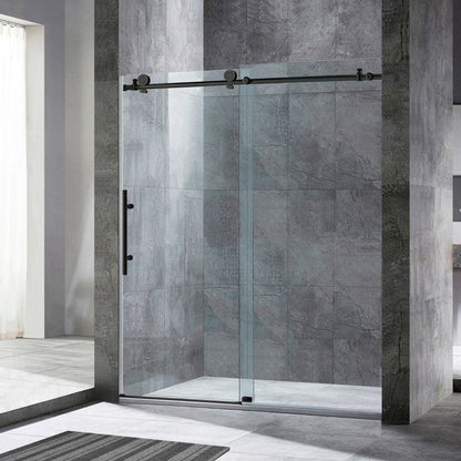 WoodBridge 60" x 30" Black Solid Tileable Integrated Center PVC Drain Shower Base With MBSDC6076-C Polished Chrome Hardware Frameless Shower Door and SWP603296-2-SU-H Matte Gray Vertical Pattern 3-Panel Shower Wall Kit