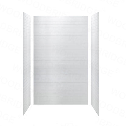 WoodBridge 60" x 30" Black Solid Tileable Integrated Center PVC Drain Shower Base With SDD6076-B Brushed Nickel Hardware Shower Door With Brushed Nickel Hardware Finish and SWP603296-1-SU-H White High Gloss Vertical Pattern 3-Panel Shower Wall Kit