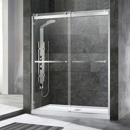 WoodBridge 60" x 30" Black Solid Tileable Integrated Center PVC Drain Shower Base With SDD6076-C Polished Chrome Hardware Frameless Shower Door and SWP603296-2-SU-H Matte Gray Vertical Pattern 3-Panel Shower Wall Kit