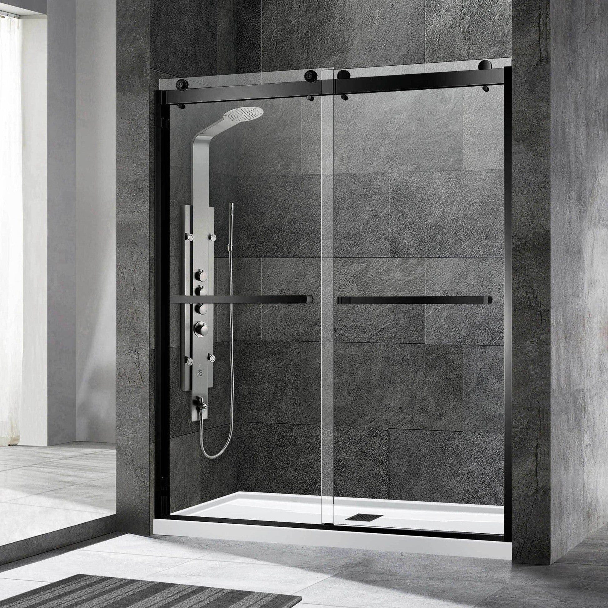 WoodBridge 60" x 30" Black Solid Tileable Integrated Center PVC Drain Shower Base With SDD6076-MBL Matte Black Hardware Frameless Shower Door and SWP603296-1-SU-H White High Gloss Vertical Pattern 3-Panel Shower Wall Kit