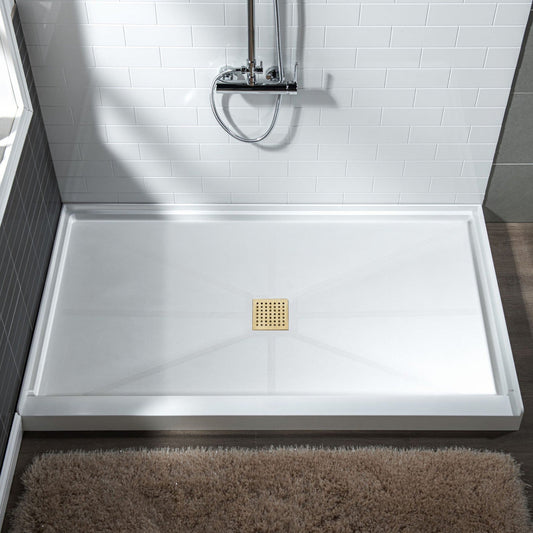 WoodBridge 60" x 30" White Solid Surface Center Drain Location Brushed Gold Trench Cover Shower Base With MBSDC6062-BG Shower Door and SWP603296-3-SB-M Matte White Vertical Pattern 3-Panel Shower Wall Kit