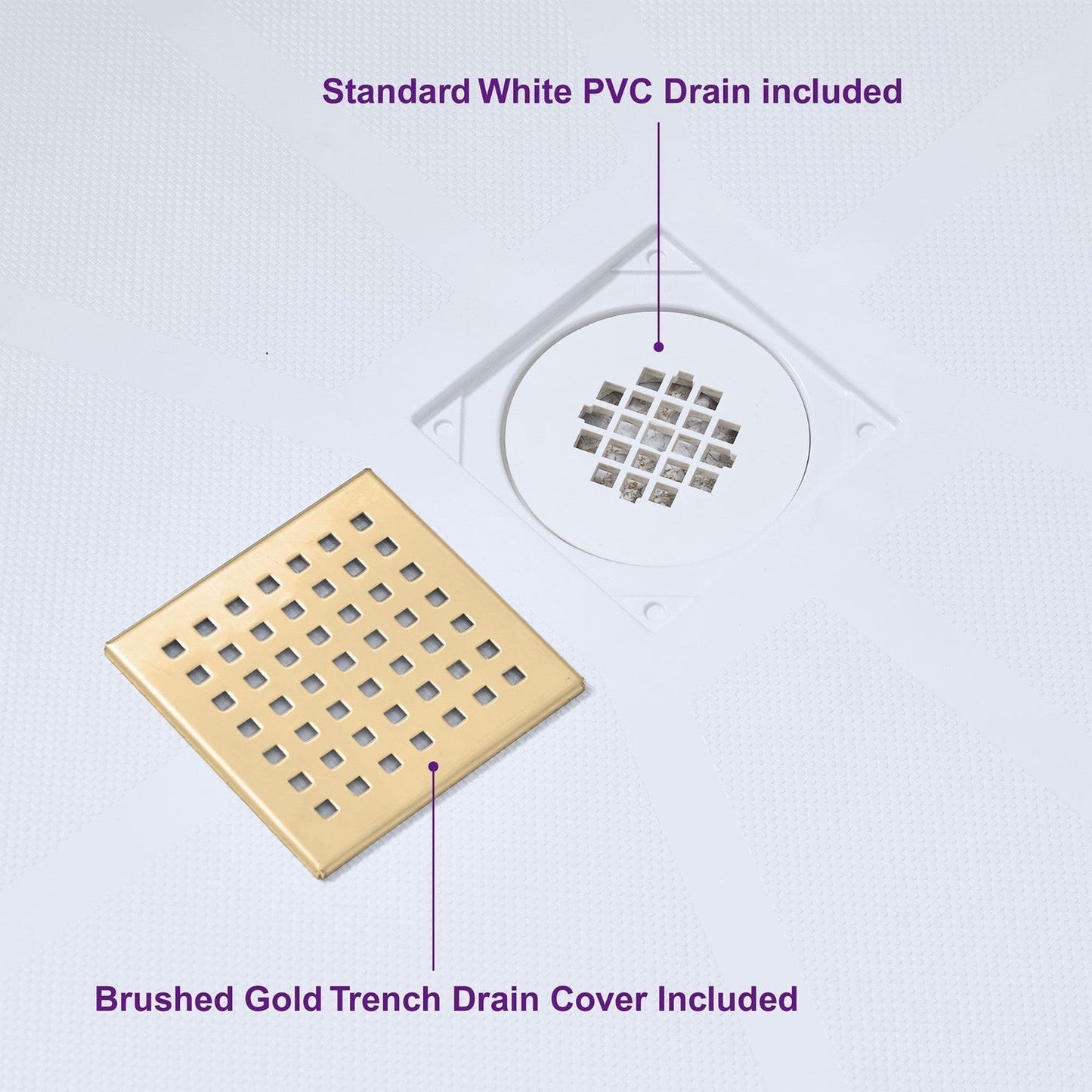 WoodBridge 60" x 30" White Solid Surface Center Drain Location Brushed Gold Trench Cover Shower Base With MBSDC6062-BG Shower Door and SWP603696-3-SB-M Matte White Vertical Pattern 3-Panel Shower Wall Kit