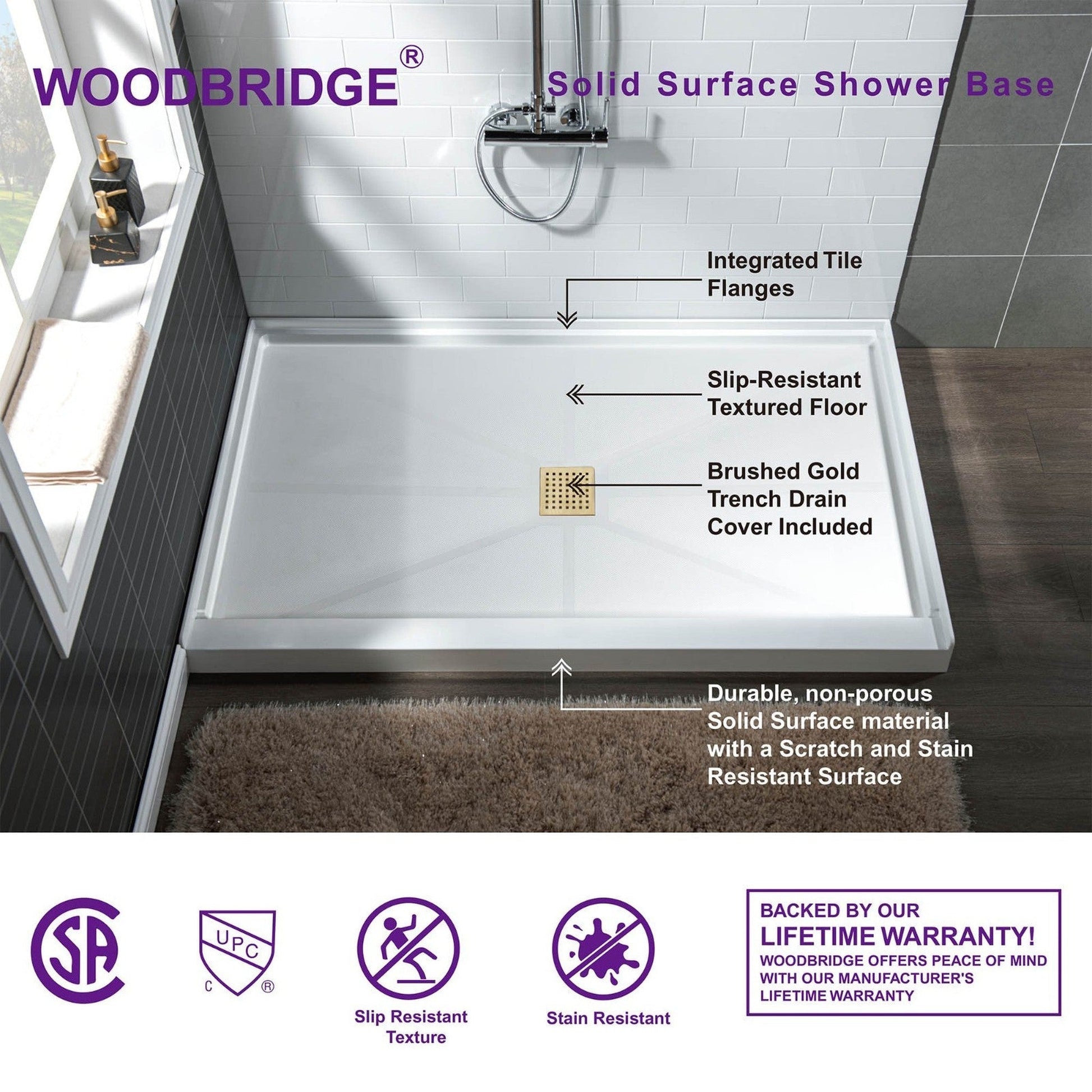 WoodBridge 60" x 30" White Solid Surface Center Drain Location Brushed Gold Trench Cover Shower Base With MBSDC6076-BG Shower Door and SWP603296-3-SB-M Matte White Vertical Pattern 3-Panel Shower Wall Kit