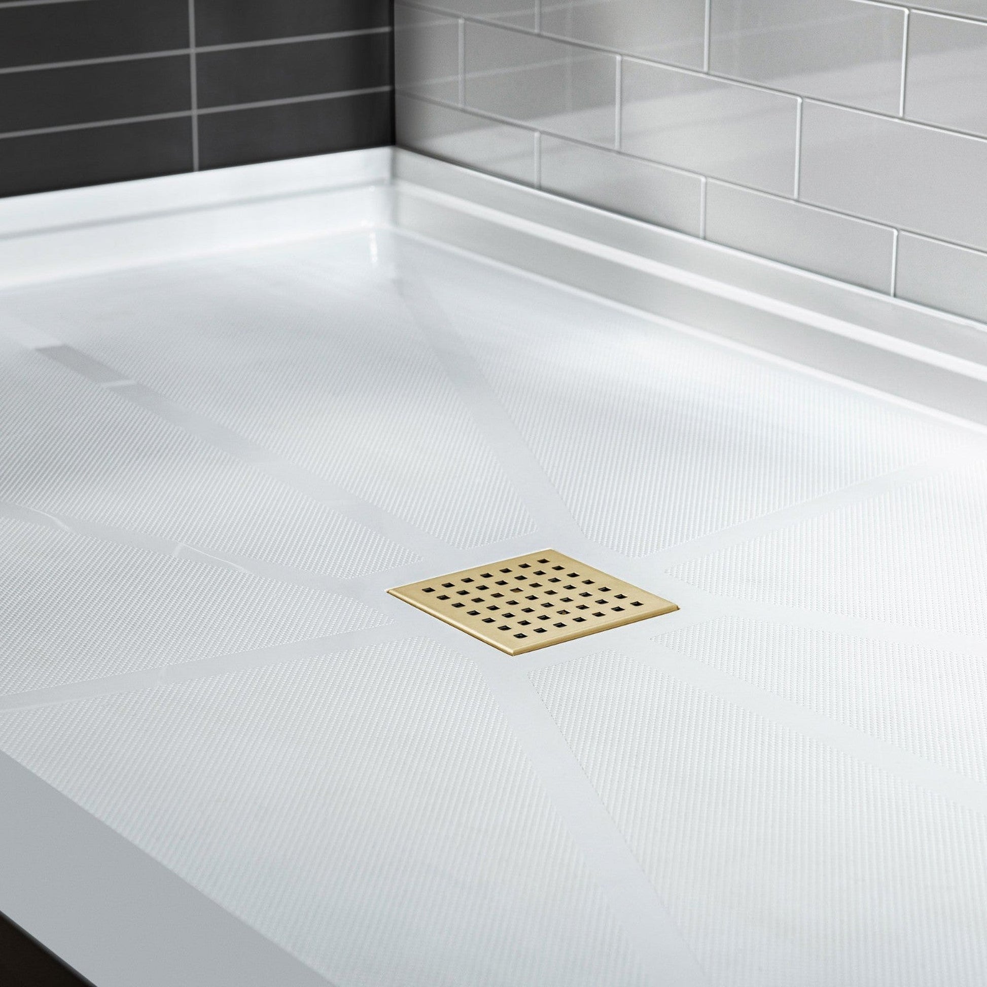 WoodBridge 60" x 30" White Solid Surface Center Drain Location Brushed Gold Trench Cover Shower Base With MBSDC6076-BG Shower Door and SWP603696-1-SU-H White High Gloss Vertical Pattern 3-Panel Shower Wall Kit