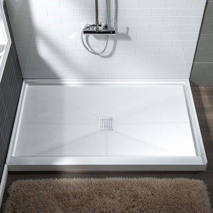 WoodBridge 60" x 30" White Solid Surface Center Drain Location Chrome Trench Cover Shower Base With MBSDC6076-C Frameless Shower Door and SWP603696-1-SU-H White High Gloss Vertical Pattern 3-Panel Shower Wall Kit