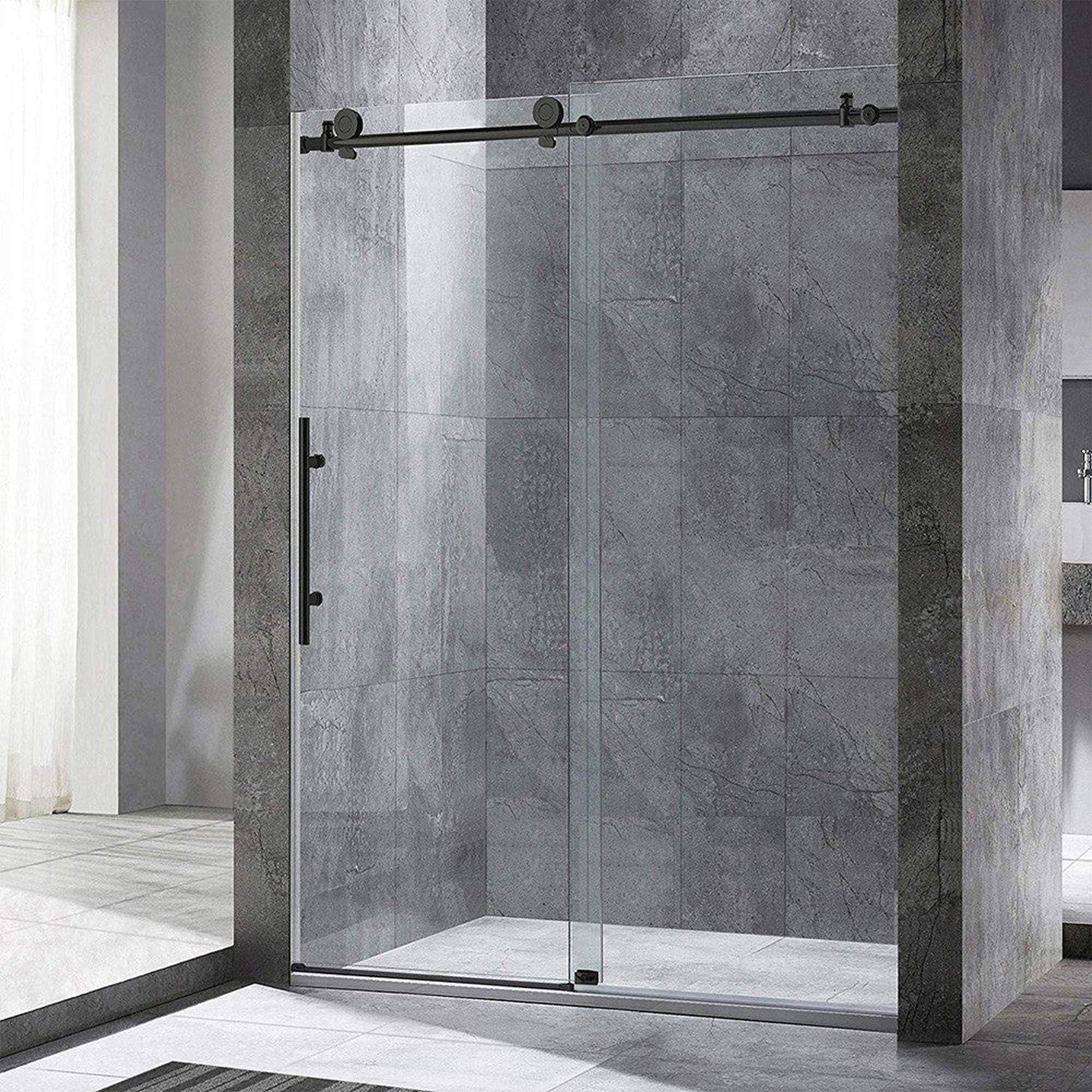 WoodBridge 60" x 30" White Solid Surface Center Drain Location Matte Black Trench Cover Shower Base With SDD6062-MBL Shower Door and SWP603296-1-SU-H White High Gloss Vertical Pattern 3-Panel Shower Wall Kit