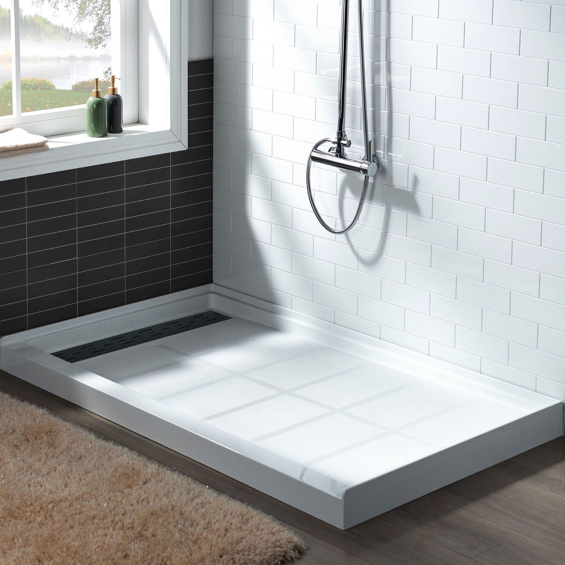 WoodBridge 60" x 30" White Solid Surface Left Drain Location Matte Black Trench Cover Shower Base With MSDC6062-MBL Frameless Shower Door and SWP603296-3-SB-M Matte White Vertical Pattern 3-Panel Shower Wall Kit