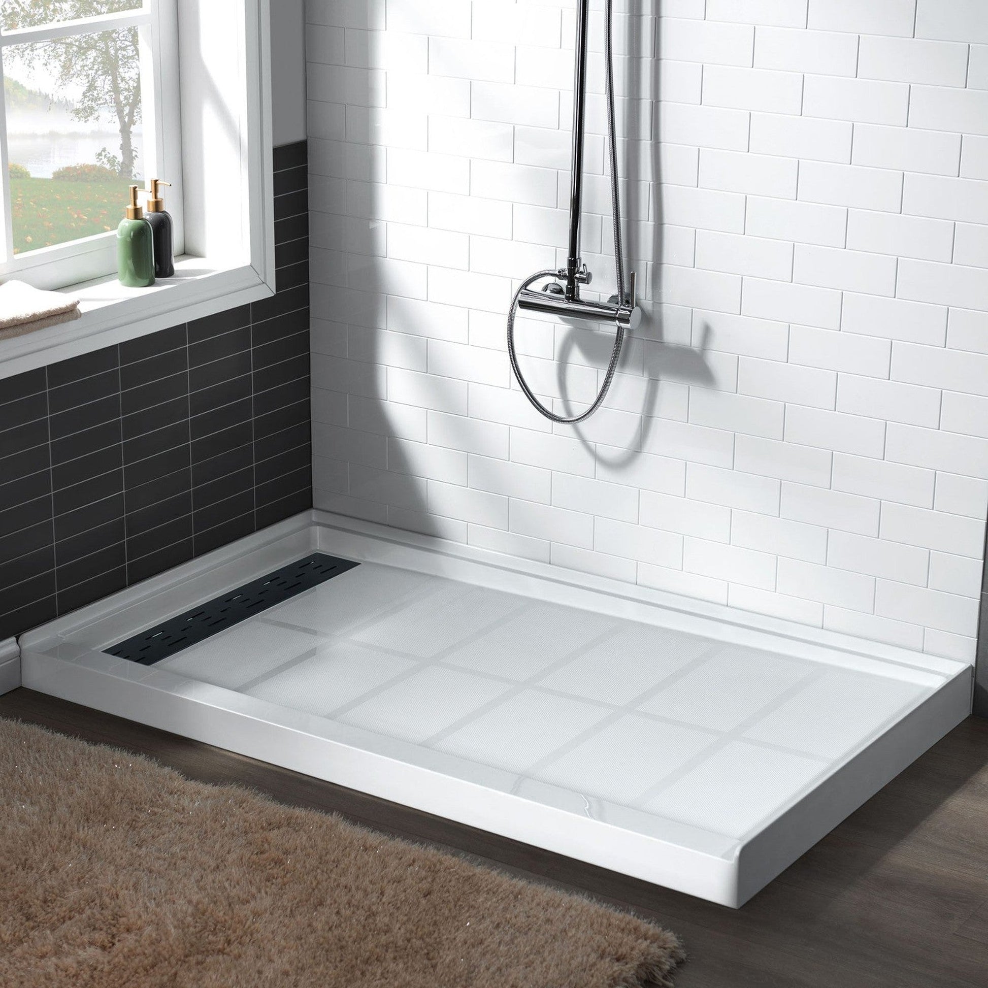 WoodBridge 60" x 30" White Solid Surface Left Drain Location Matte Black Trench Cover Shower Base With SDD6076-MBL Shower Door and SWP603296-2-SU-H Matte Gray Vertical Pattern 3-Panel Shower Wall Kit