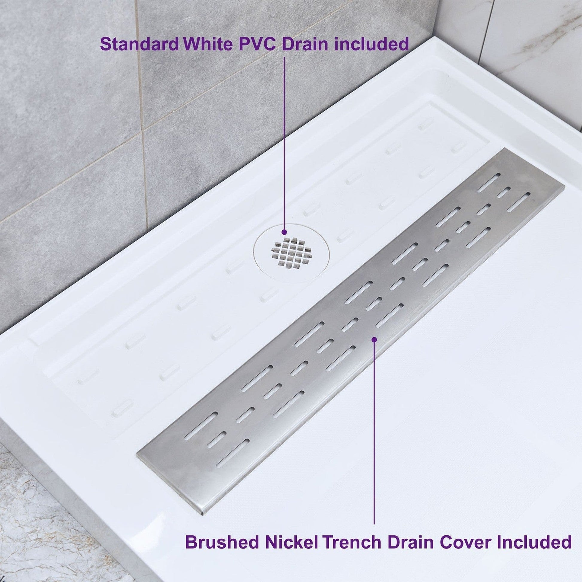 WoodBridge 60" x 30" White Solid Surface Right Drain Brushed Nickel Trench Cover Location Shower Base With MBSDC6076-B Frameless Shower Door and SWP603296-2-SU-H Matte Gray Vertical Pattern 3-Panel Shower Wall Kit