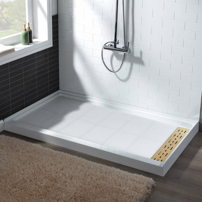 WoodBridge 60" x 30" White Solid Surface Right Drain Location Brushed Gold Trench Cover Shower Base With MBSDC6062-BG Frameless Shower Door and SWP603696-2-SU-H Matte Gray Vertical Pattern 3-Panel Shower Wall Kit