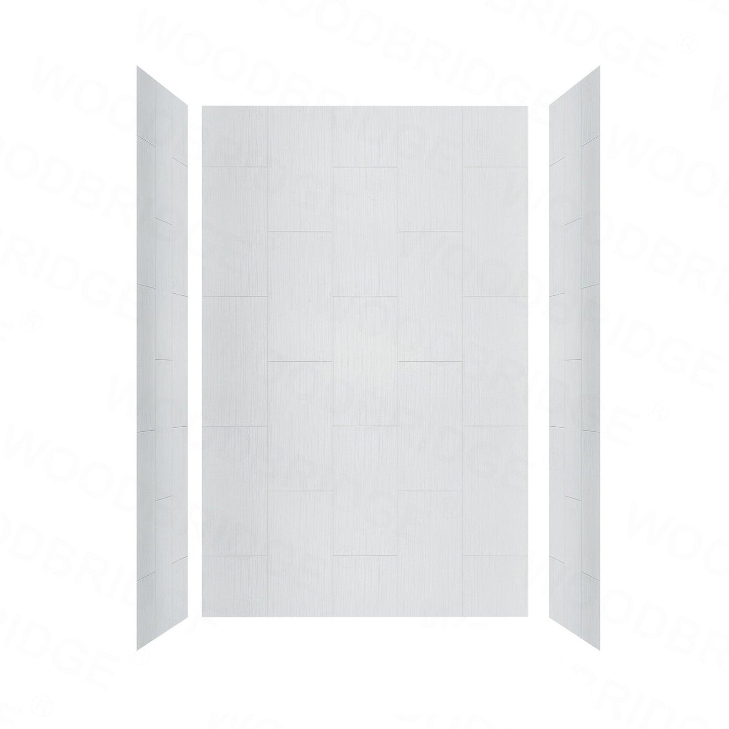 WoodBridge 60" x 30" White Solid Surface Right Drain Location Brushed Gold Trench Cover Shower Base With MBSDC6076-BG Frameless Shower Door and SWP603296-3-SB-M Matte White Vertical Pattern 3-Panel Shower Wall Kit