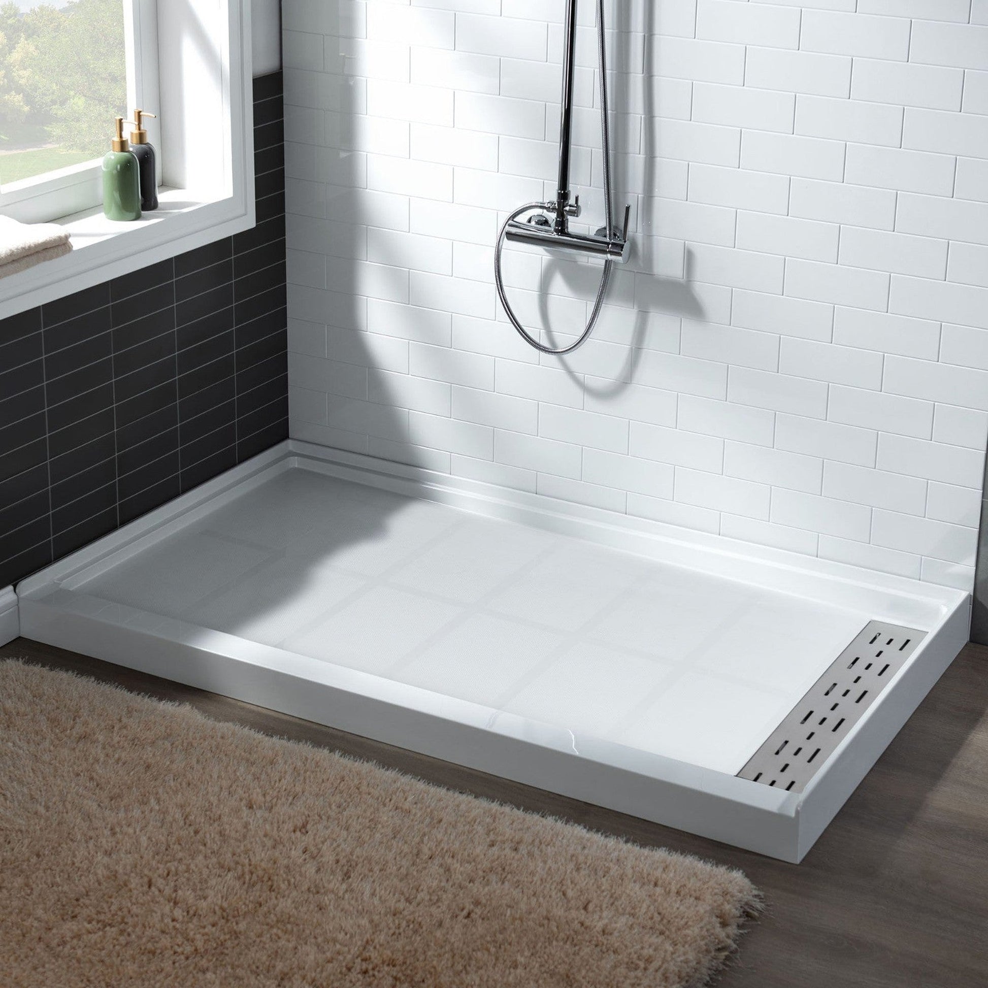 WoodBridge 60" x 30" White Solid Surface Right Drain Location Brushed Nickel Trench Cover Shower Base With MBSDC6062-BN Frameless Shower Door and SWP603696-3-SB-M Matte White Vertical Pattern 3-Panel Shower Wall Kit