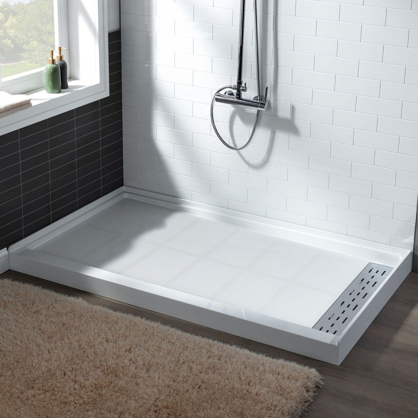 WoodBridge 60" x 30" White Solid Surface Right Drain Location Chrome Trench Cover Shower Base With MBSDC6076-C Frameless Shower Door and SWP603296-1-SU-H White High Gloss Vertical Pattern 3-Panel Shower Wall Kit