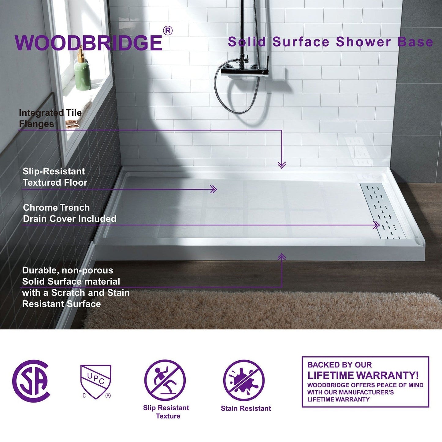 WoodBridge 60" x 30" White Solid Surface Right Drain Location Chrome Trench Cover Shower Base With MBSDC6076-C Frameless Shower Door and SWP603696-3-SB-M Matte White Vertical Pattern 3-Panel Shower Wall Kit