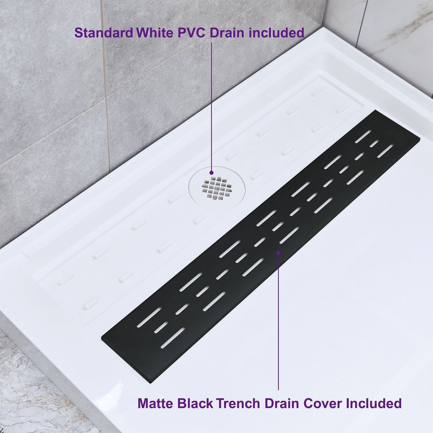 WoodBridge 60" x 30" White Solid Surface Right Drain Location Matte Black Trench Cover Shower Base With MSDC6062-MBL Frameless Shower Door and SWP603296-1-SU-H White High Gloss Vertical Pattern 3-Panel Shower Wall Kit