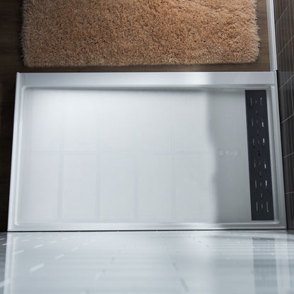 WoodBridge 60" x 30" White Solid Surface Right Drain Location Matte Black Trench Cover Shower Base With SDD6076-MBL 2-Way Opening Frameless Shower Door and SWP603296-1-SU-H White High Gloss Vertical Pattern 3-Panel Shower Wall Kit