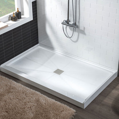 WoodBridge 60" x 30" White Solid Surface Shower Base Center Drain Location With Brushed Nickel Trench Drain Cover